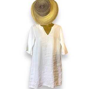 Anthro Michael Stars white short shift dress ruffled hem sleeve 100% linen S